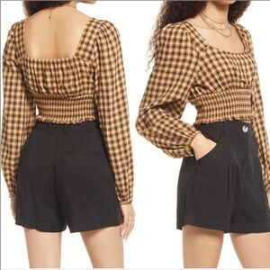 BP Dreamy Smocked Long Sleeve Crop Top | Tan- Black Plaid Jorja | NWT